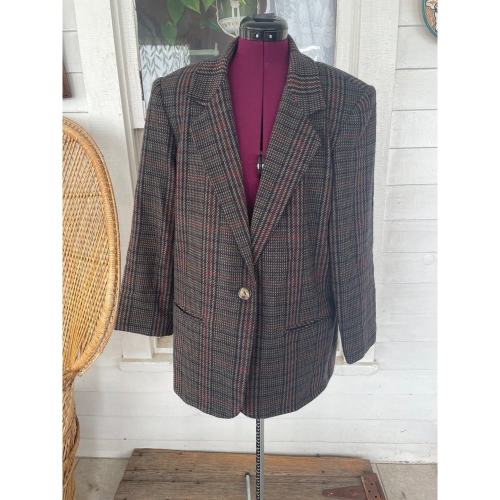 Vintage 1990s Hounds Tooth Plaid Wool Blend Womens Blazer 14 Petite - Picture 1 of 12